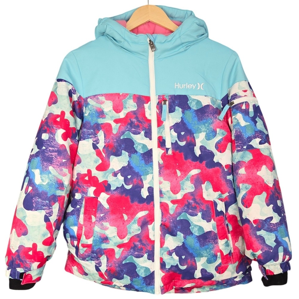 Hurley Winter Jacket KIDS Girls Large 14/16 Blue Pink Camo Hooded Fleece Snow